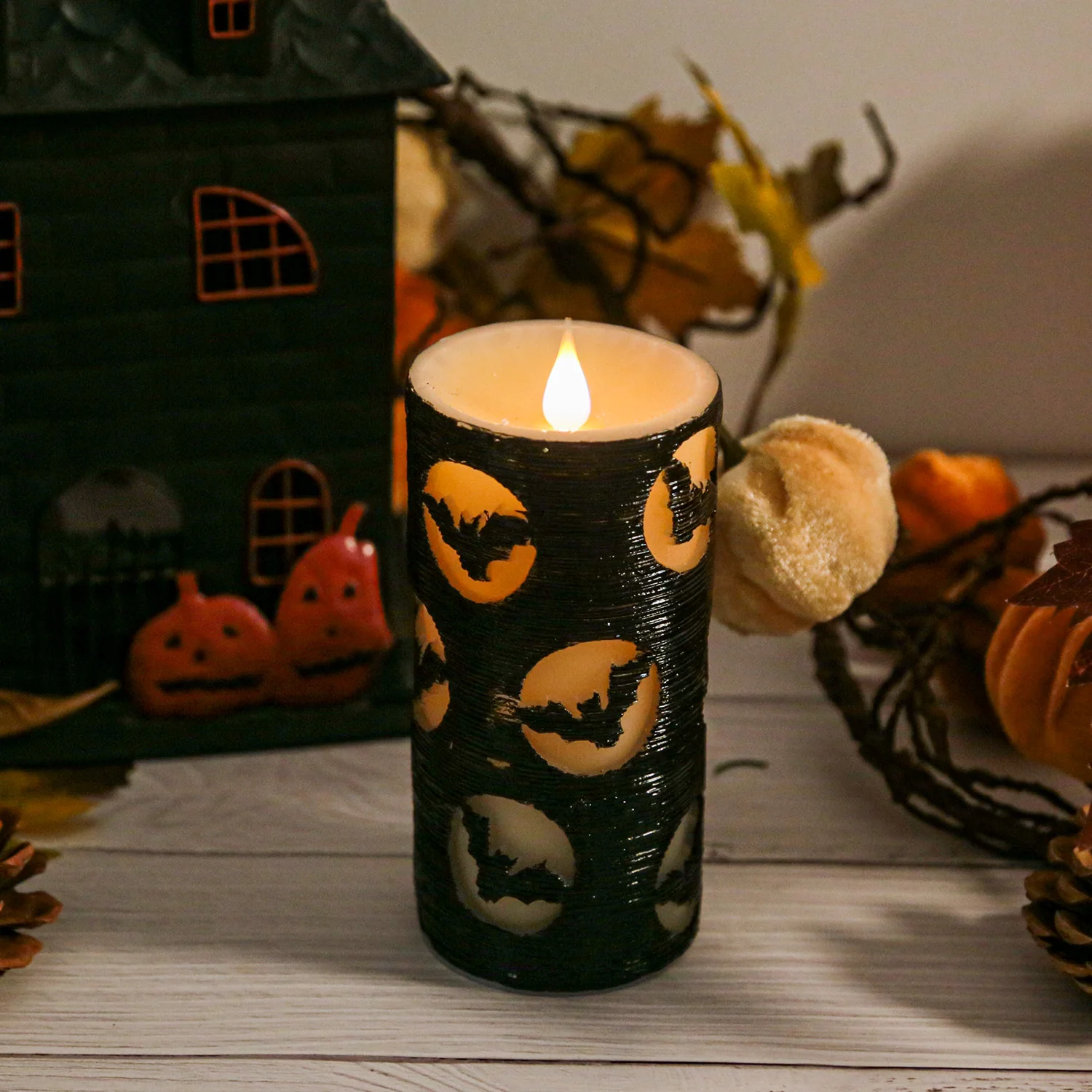 
flameless black color flame candle for halloween pillar glitter flickering led candles led light 