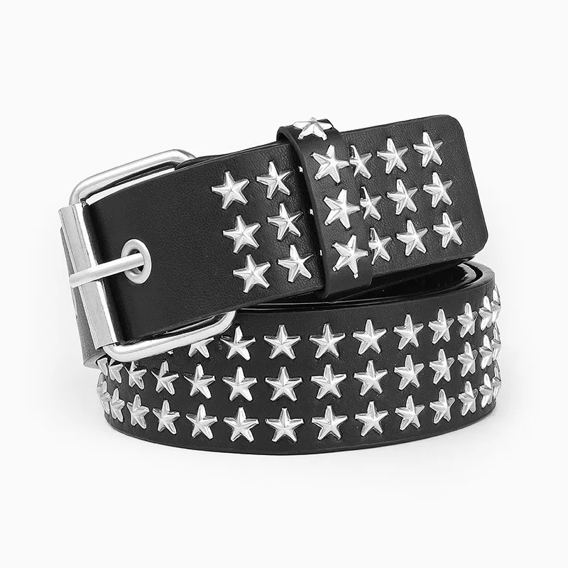Three Rows of Pentastar Stars Hollowed out Unisex Punk Y2K Style Belt  with Casual Fashionable Pin Buckle Riveted PU Material