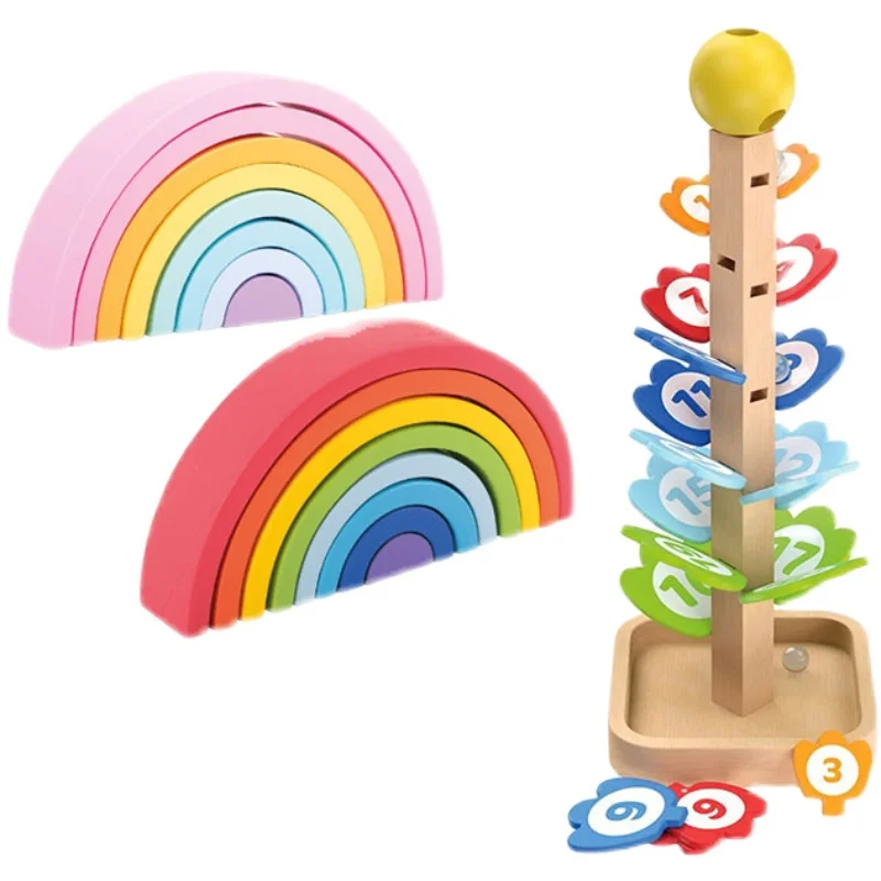 wooden Montessori Educational Stacking Bricks Toys Rainbow Building Blocks For Kids