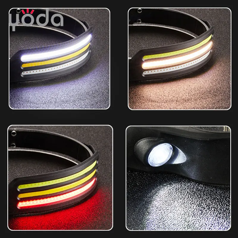 type c Rechargeable light weight white yellow red led silicon rubber soft band COB Headlamp with sensor induction