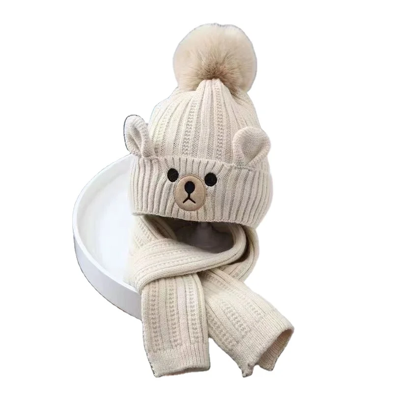 Ruimantike  kids winter hats     High Qualitykiids   Winter  Hat Scarf Set With Fur PomPom For Kid