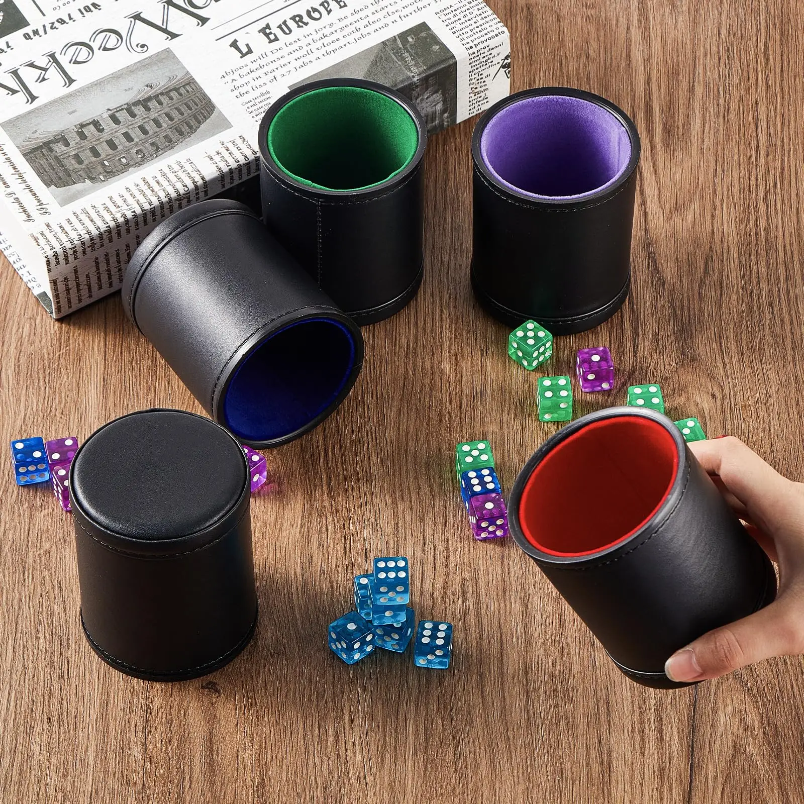 Custom Logo Leather Dice Cups with Colorful Velvet Felt-Lined Interior and Matching Colorful Transparent Dices