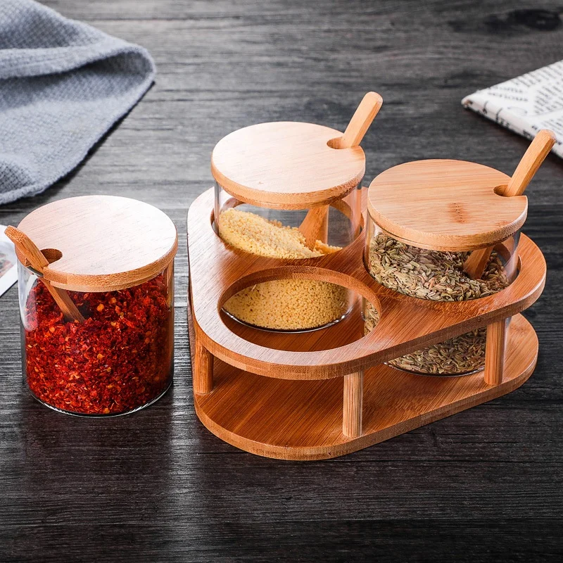 Bamboo Kitchen Utensils Creative Herb Spice Tools Glass Condiment Container Bamboo Lid Spoon Spice Jar Set