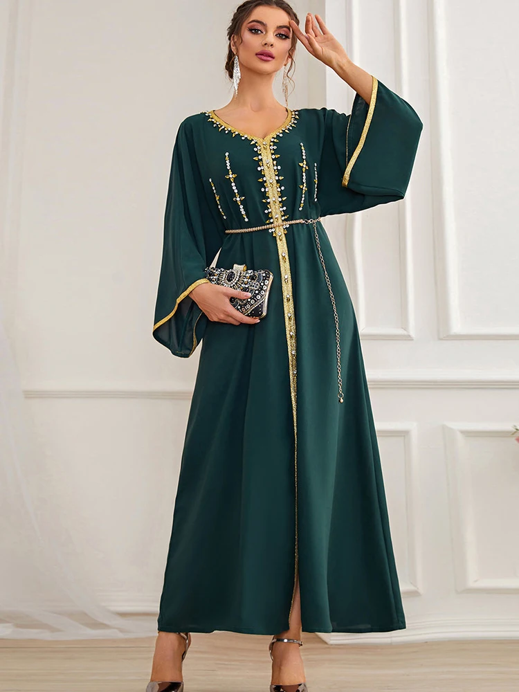 Handwork Diamonds Moroccan Caftan Women Jalabiya Wide Sleeve Arabic Dress Dubai Saudi Muslim Kaftan Party Evening Ramadan Abaya