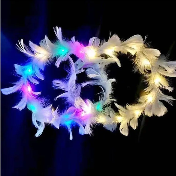 Fashion new bridal wedding decorations Led flashing crown angle girls hair accessories led feather flower headband