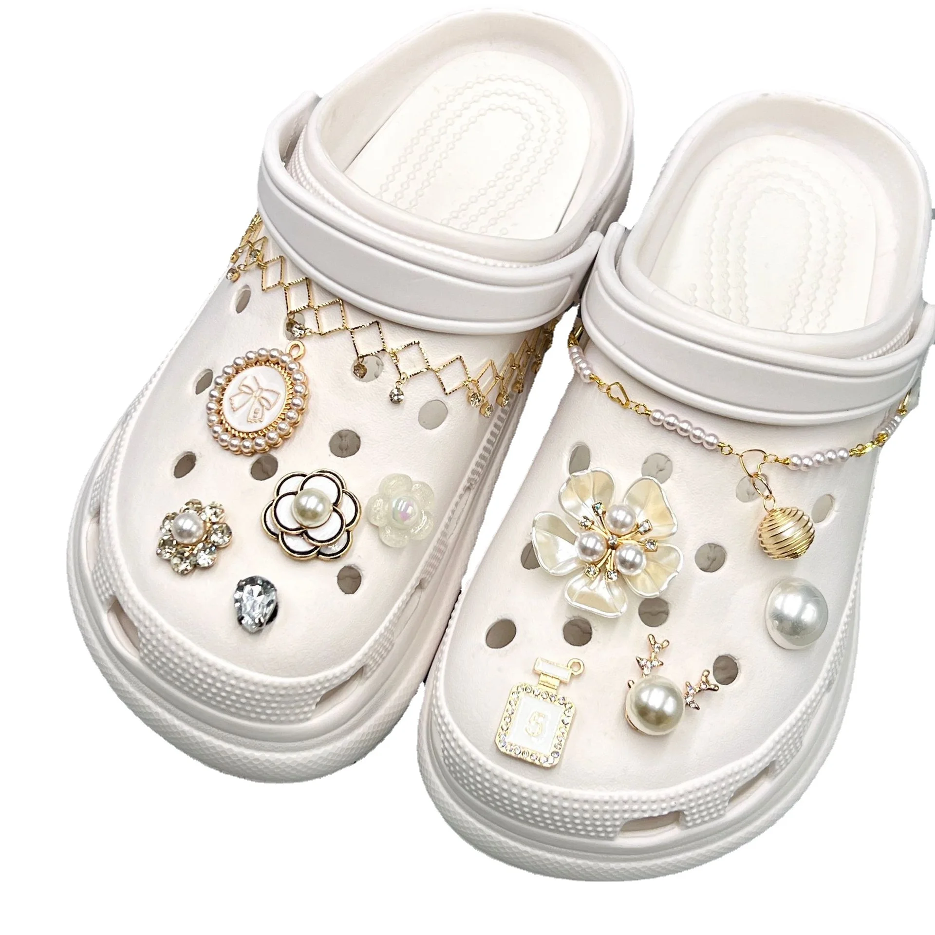 Classic Alloy Rhinestone Pearl Shoe Lace Charms Decoration For Clog Custom Metal Bling Croc Shoe Charms