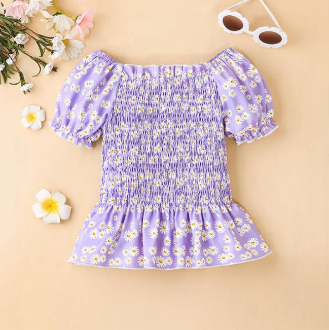 toddler girls short sleeves Korean t shirts cotton 100% tee top with elastic baby girl summer blouse 10 years shirts