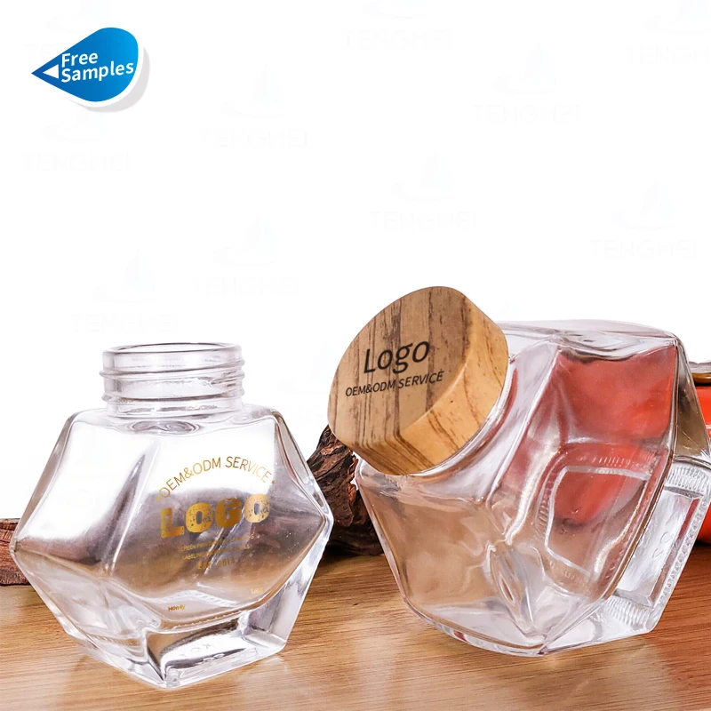 Hexagon Thick Clear 100ml 200ml 300ml Glass Jars Hexagonal Honey Jam Food Containers with Metal Plastic Screw Lids