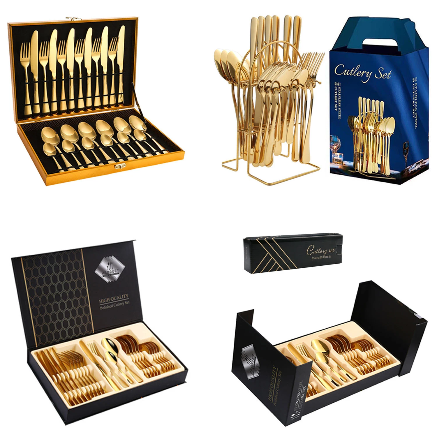 Amzn Top Seller 2022 Stainless Steel 24 Pieces 24Piece Silverware Case Spoons Forks Sets Flatware Gold 24 Pc 24Pcs Cutlery Set