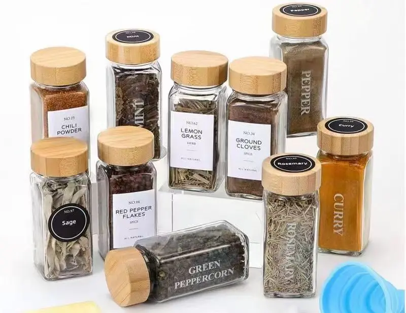 24 Pcs Spice Jars with Bamboo Lids 4 oz 120ml Square Glass Seasoning Jars Kitchen food Storage Canisters with Natural bamboo lid