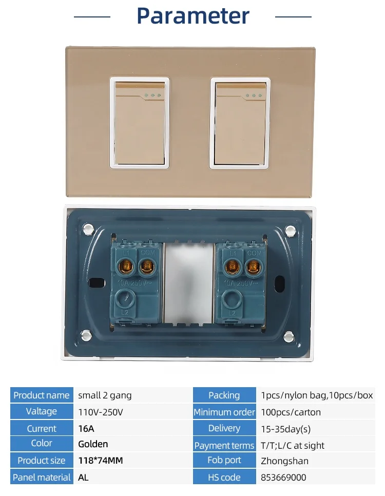 European Union British Standard Home Wall Socket Button On/Off Light Switch, 2 gang 1 way wall switch