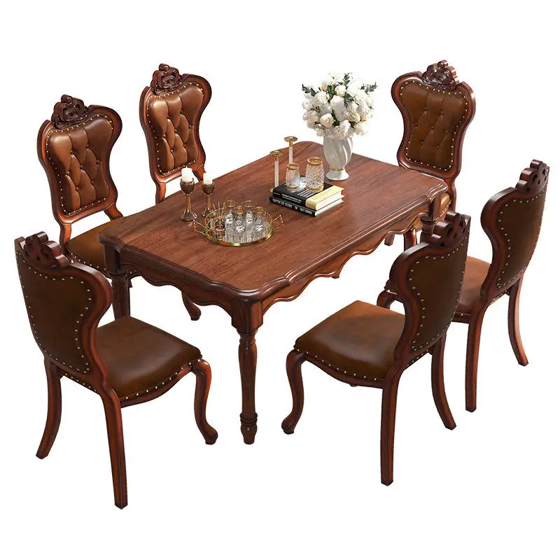 Classic American Antique Style Dinning Table Set for 6 High-end Solid Wood Rectangular Household Elegent Dining Table