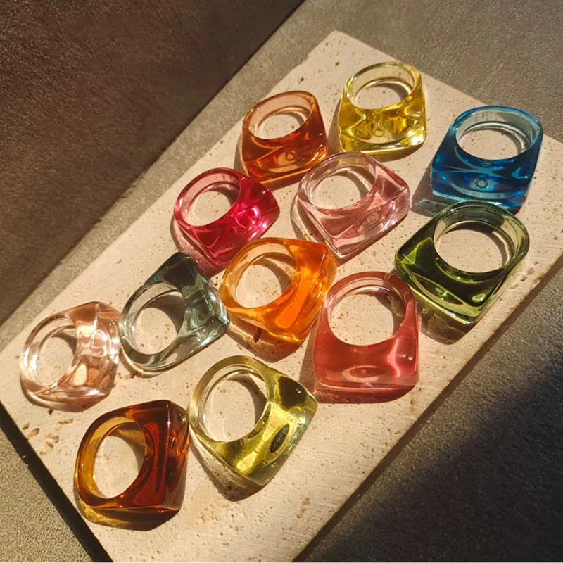 2021 Korea Colorful Transparent Geometric Square Acrylic Resin Pink Chunky Rings for Women Girls Travel Party Jewelry Minimalist