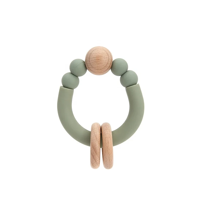 New Design Sensory Baby Teething Toys Rattle Soft Bpa Free Wood Baby Teether Ring Silicone Teether