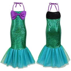 Kids Girls Adjustable Halter Glossy Fish Scales Printed Mermaid Dress Halloween Dress Up Cosplay Costume