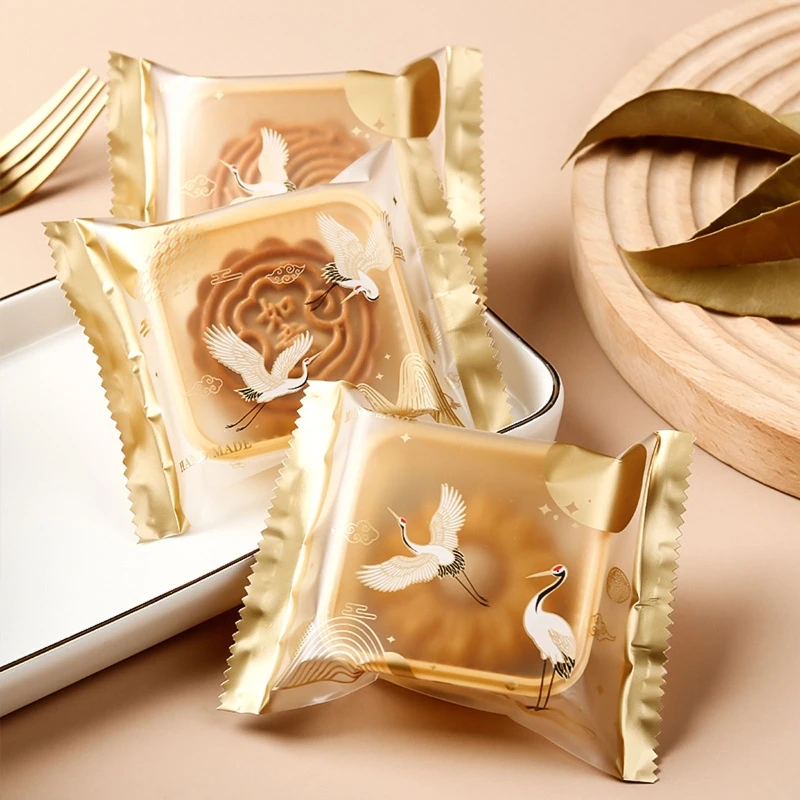 Custom Small Transparent Back Sealing Mooncake Biscuit Chocolate Wrappers Pouch Heat Seal Candy Packaging Bag with Tear Notch