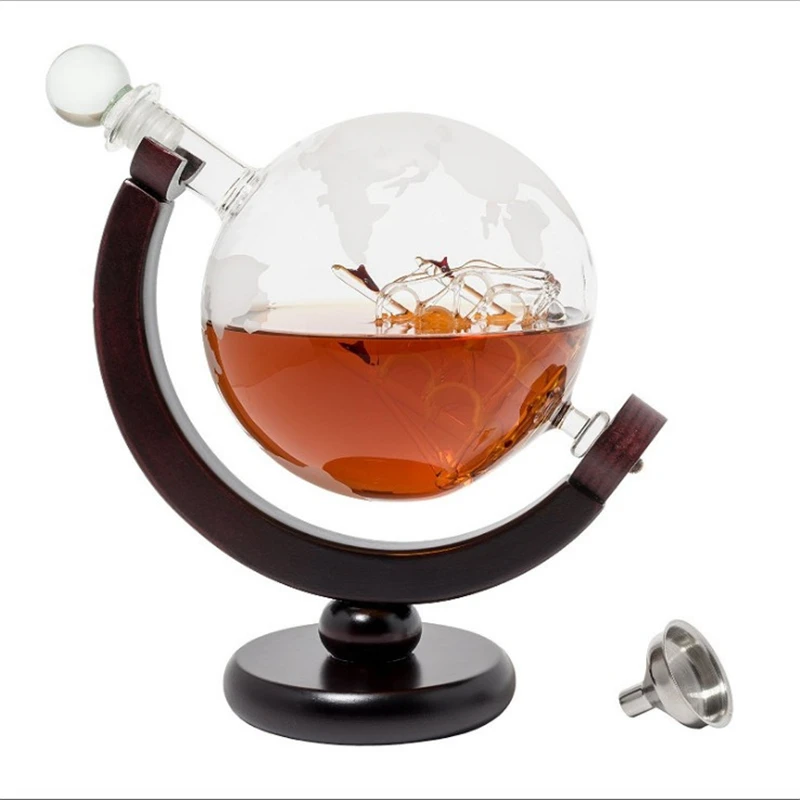Custom Whiskey wine Decanter globe and glass Etched Globe whiskey decanter set with Wooden Base