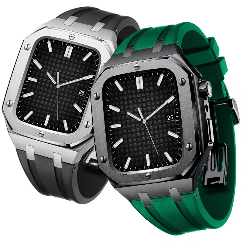 Custom Luxury Stainless Steel Band Strap And Protective 45mm 44mm Watch Case For Apple Smart Iwatch Series 6/7/SE