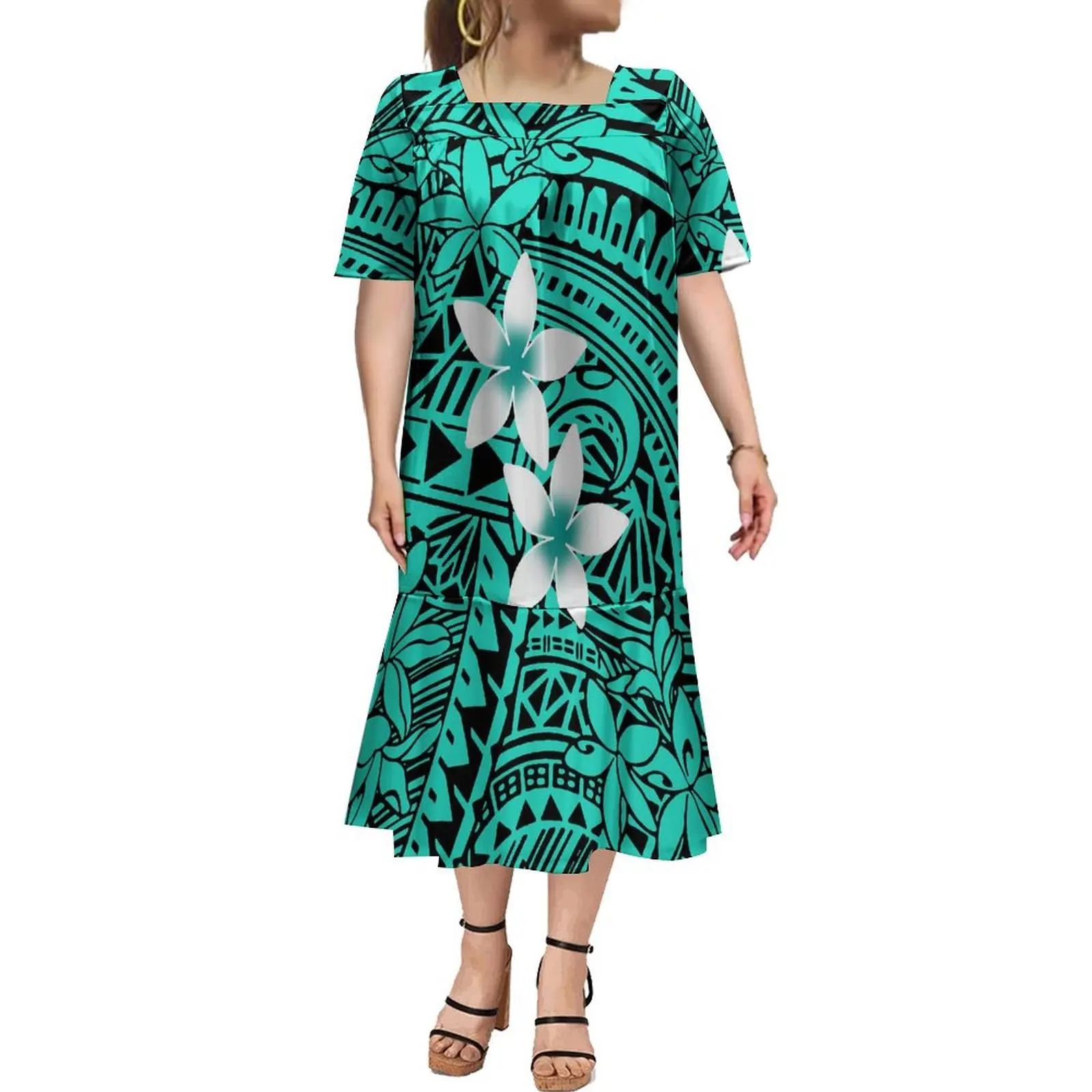 Hot Selling Custom Polynesian Tribal Design Micronesian Mumu Dress Women Elegant Square Collar Short Sleeve Fishtail Midi Dress