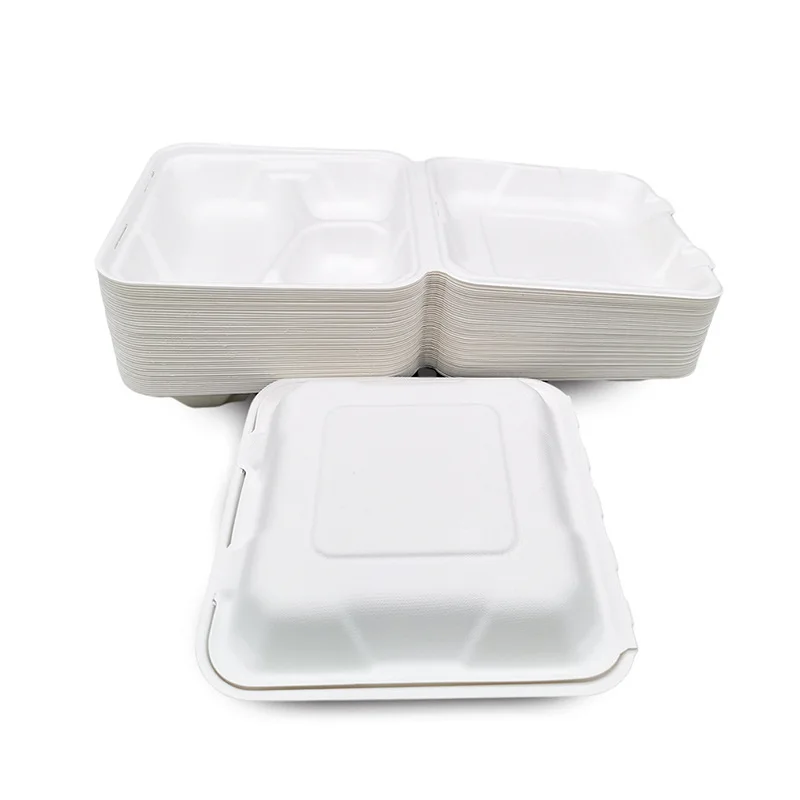 Biodegradable 8 Inch 9 Inch Bagasse 3 Compartment Fast Food Box, Eco-Friendly Sugarcane Food Container Boxes With 3 Dividers