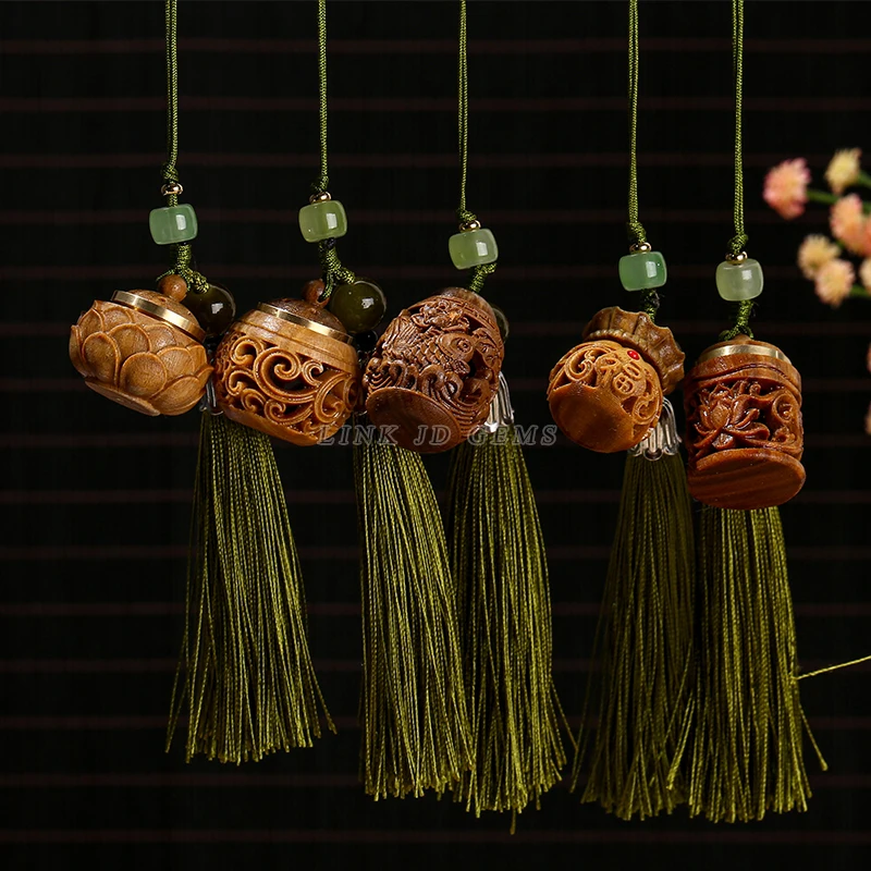 JD GEMS Wood Incense Expander Wood Hollow Carving Pendant White Jade Green Sandalwood Lotus Sachet Incense Box Charm