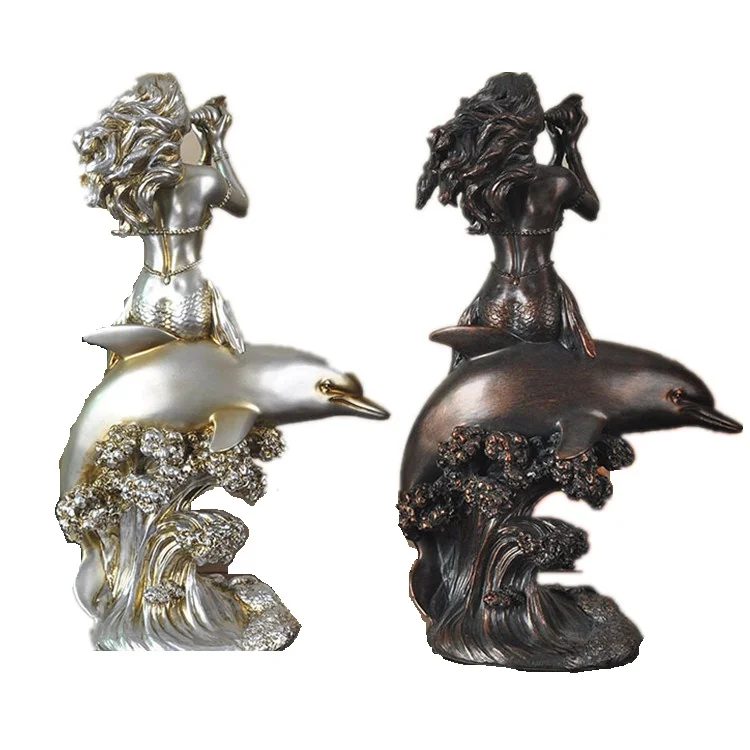 Souvenirs Wholesale Mermaid Crafts Figurine Resin Bronze Mermaid Figurines And Statues With Dolphin