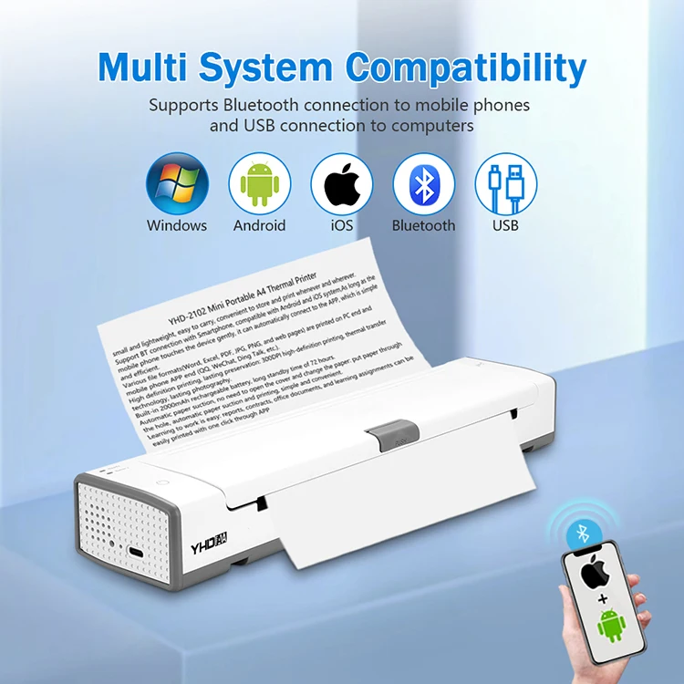YHDAA Smart Design YHD-2102 Mini Portable A4 Thermal Transfer Printer  Android Phone Bluetooth A4 thermal printer