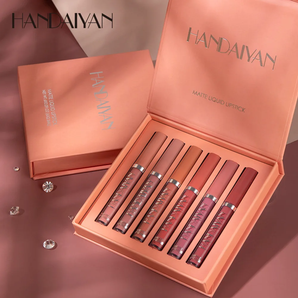 HANDAIYAN waterproof cosmetic liquid lipstick halal matte Non Staining Cup Moisturizing Lipstick 6 Lip Color Glaze Set Wholesale