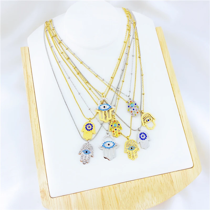 Religious Praying Hands Steel Pendant Colorful Turkish Evil Eye 24k Gold Plated Necklace Jewellery