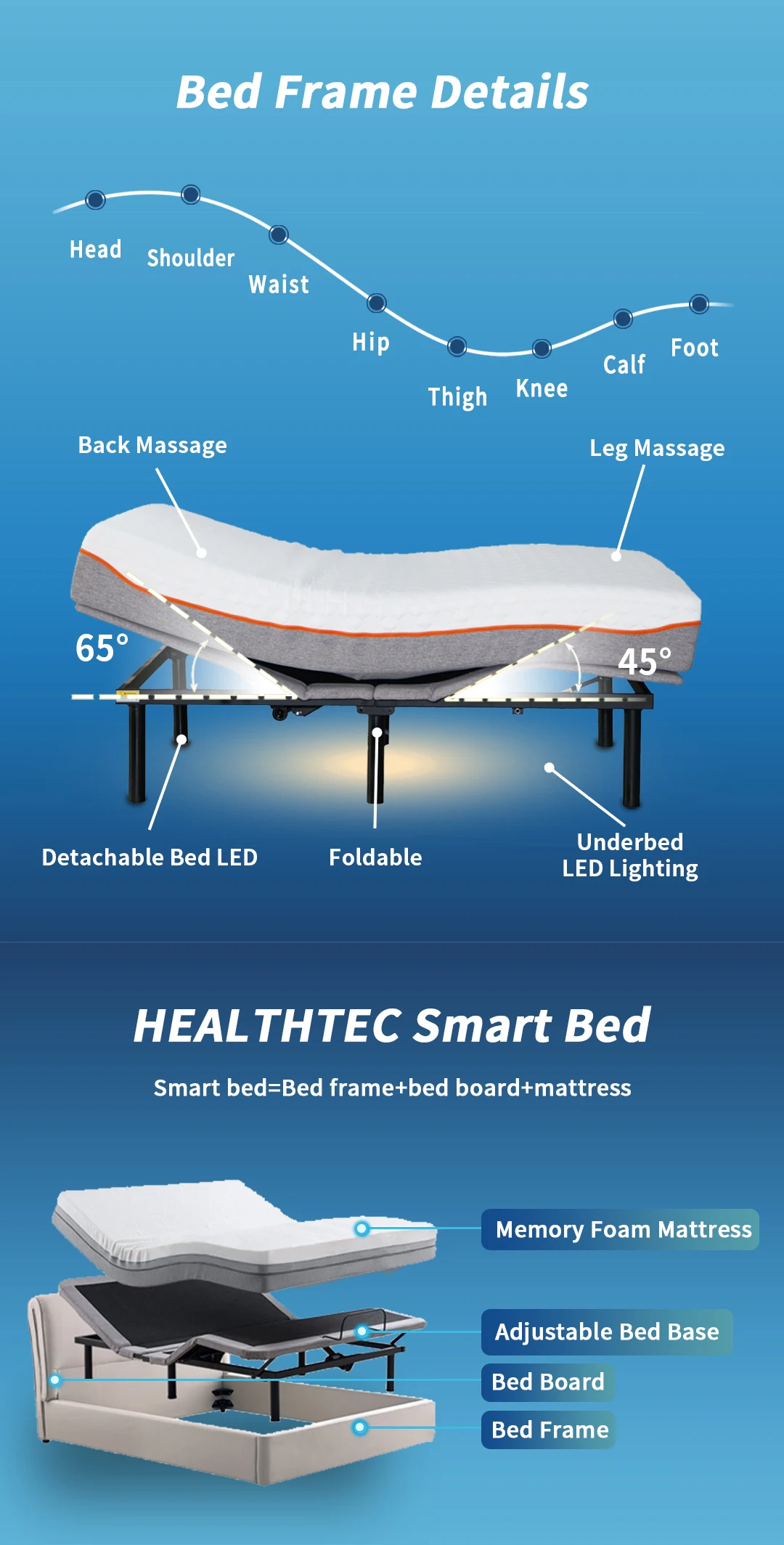 Healthtec bedroom furniture modern luxury okin motor metal vibrating massage electric adjustable bed frame with mattress