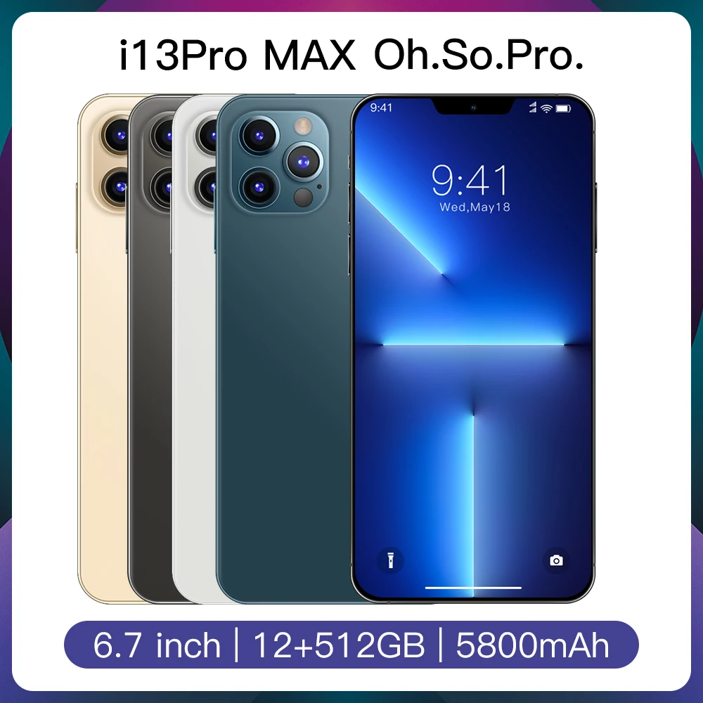 Оригинальный телефон i13 Pro MAX смартфонов на базе Android 12 Гб + 512 phone13 10-ядерный пусть мобильных телефонов не блокируется Две сим-карты чехол для