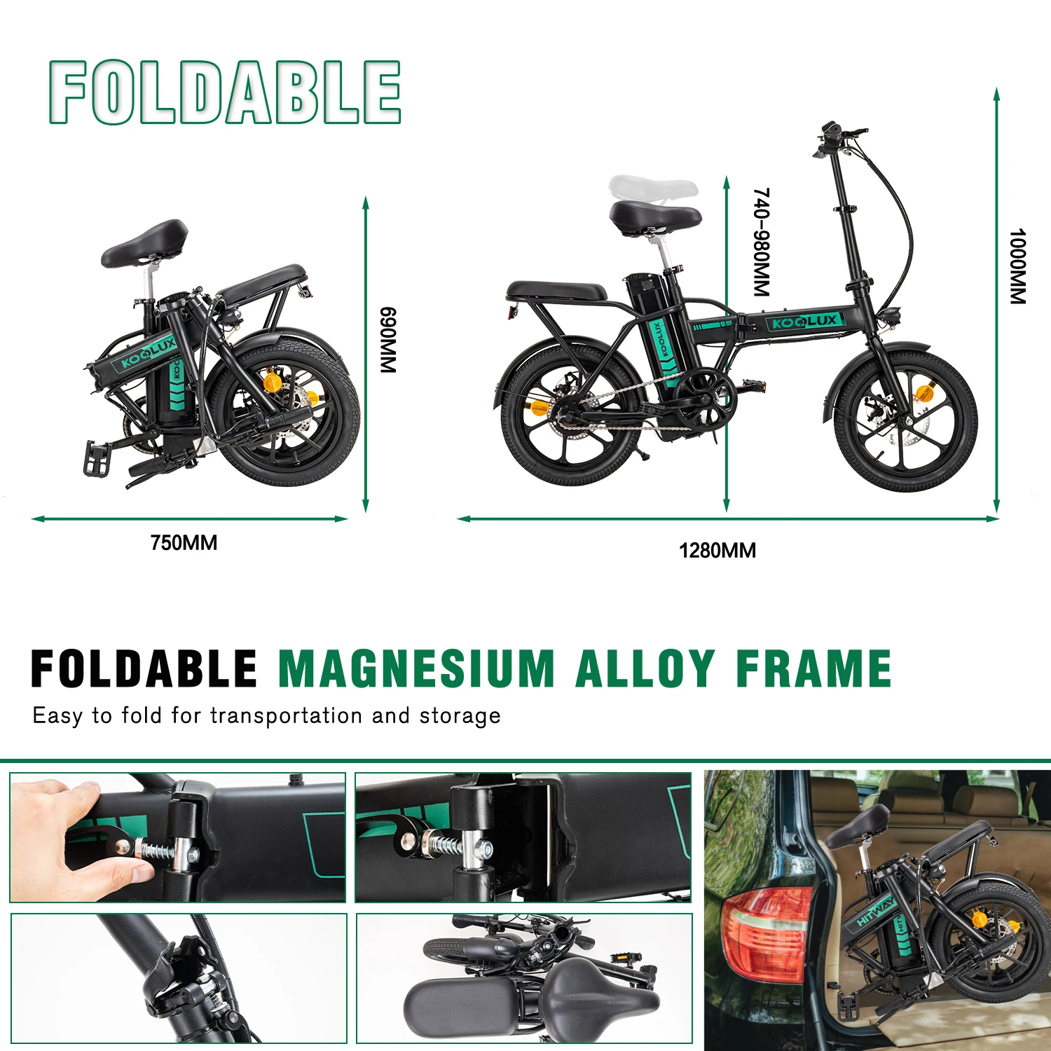 KOOLUX Factory Priced 25kmh 250w Small Folding Cruiser Electric Bike Green BMX for Adults Aluminum & Steel Fork Alloy Rim