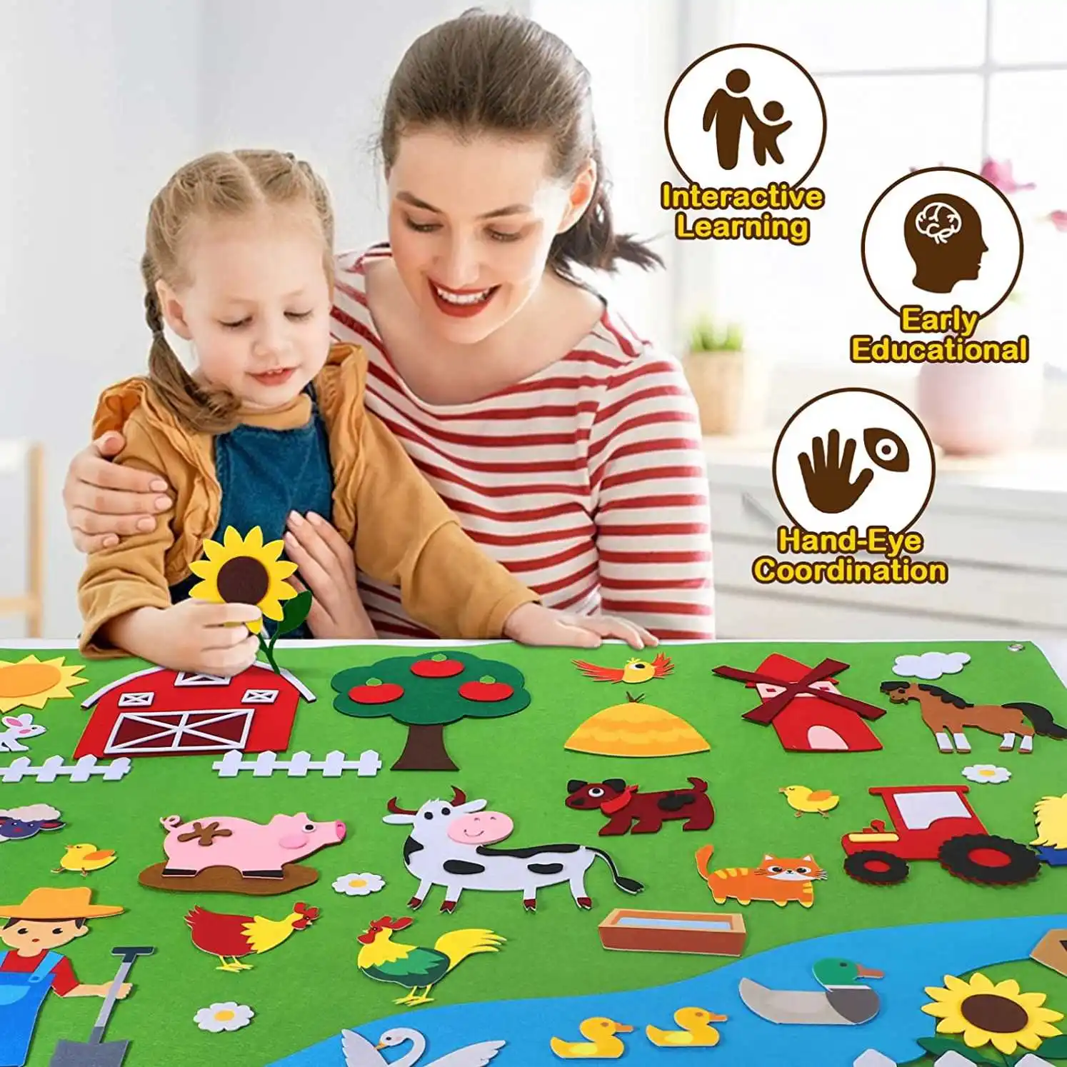 child kids educational toys preschool farmhouse barnyard farm animals Montessori activity felt flannel story board for learning