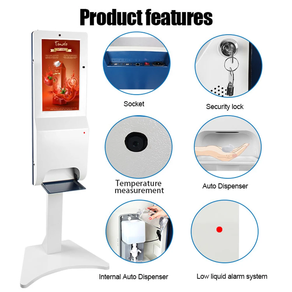 Factory Price Floor stand Digital Signage Screen Lcd 21.5 Inch with Auto Measuring Temperature Hand Sanitizer Kiosk