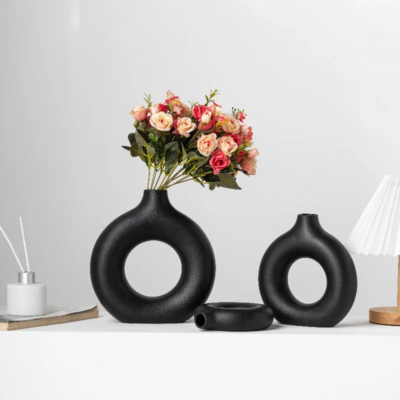 Simple New Circle Ceramic Flower Vase Home Light Luxury High-Grade Decorations Ornaments Big Vases For Home Decor