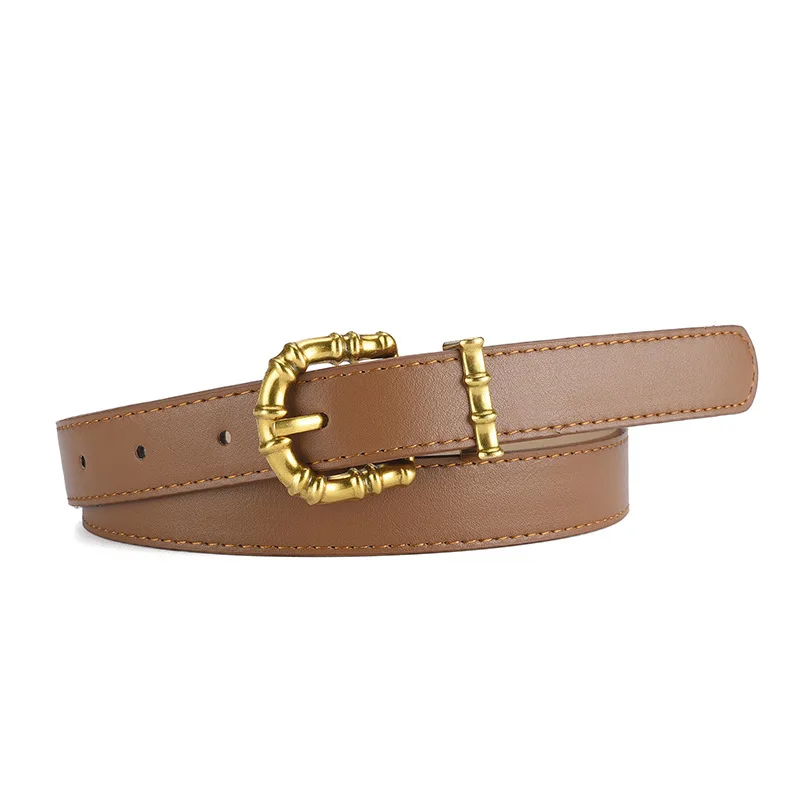 Women Faux Leather Fashion Belt with Metal Bamboo Shape Buckle Ladies Needle Buckle Waist Belts For Dress
