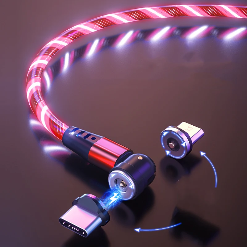 USB Магнитный кабель для зарядки 540 вращающийся световой поток Тип C шнур для быстрой зарядки светодиодная струящаяся линия 3 в 1 микро Usb Мобильная кабина