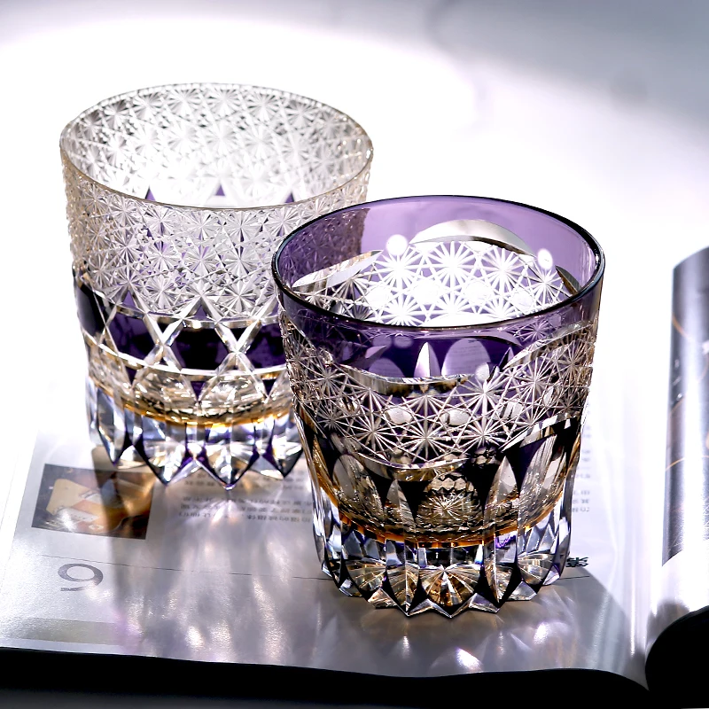 Japanese Edo Kiriko Whisky Cup Purple Glass Morden Luxury 11oz perfect for Party and wedding with gift box