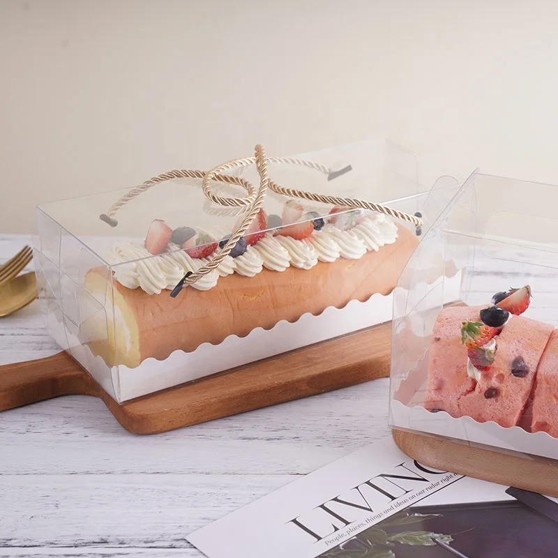 Wholesale Cake Shop Dessert Shop Portable With Handle Rectangular And Transparent Long Plastic Cake Container Box