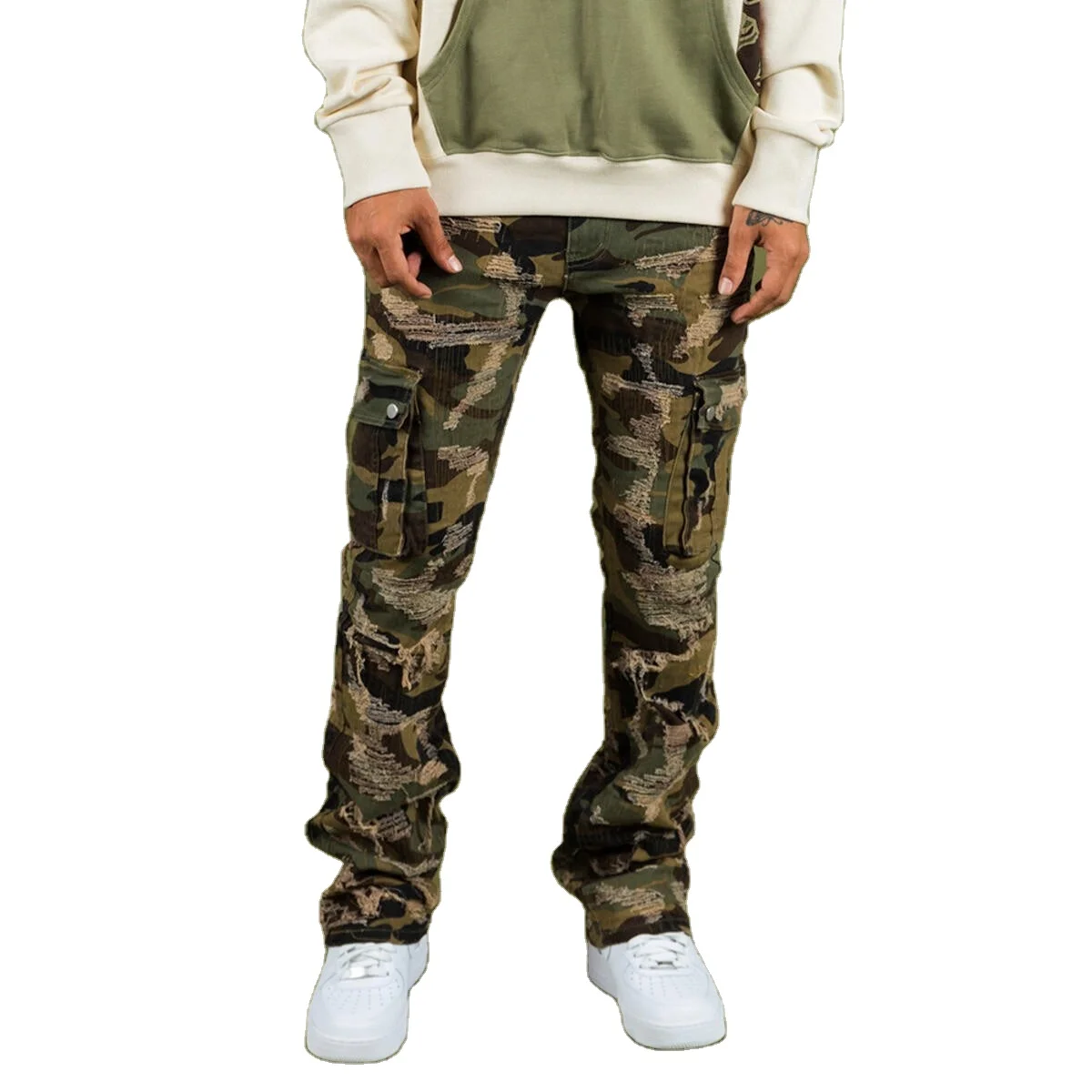 Manufacturer Wholesale Custom Camo Distressed Stacked Jeans Men Street Swear Designer Styles Jeans Men