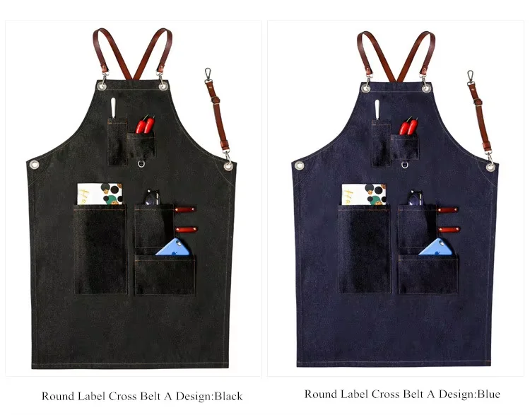 PU Leather Strap Grey Cowboy Mens Cotton Apron Barista Barber Restaurant Floral Grey Customized LOGO Apron