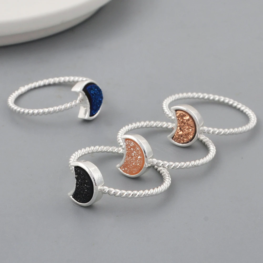 ZG0295 Hot Sales Crescent Gold Plated Natural Agate Titanium Rainbow Druzy Bezel Ring Moon Ring Jewelry