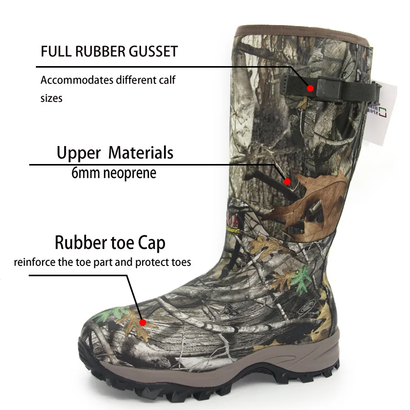OEM manufacture rubber waterproof camouflage neoprene rubber hunting boots long rain boots for men outdoor