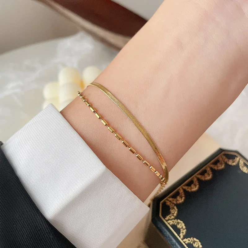 New Double Gold Snake Bone Bead Bracelet Small Fresh Snake Bracelet Small Overlap Wear Chain Bracelet