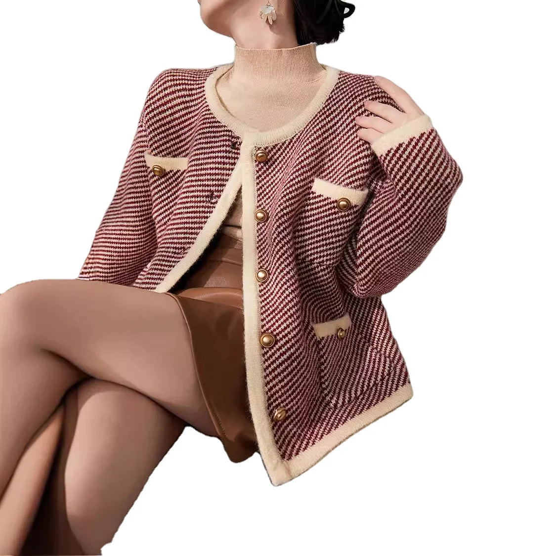 2024 new color contrast design knitted cardigan top senior sense retro temperament striped sweater