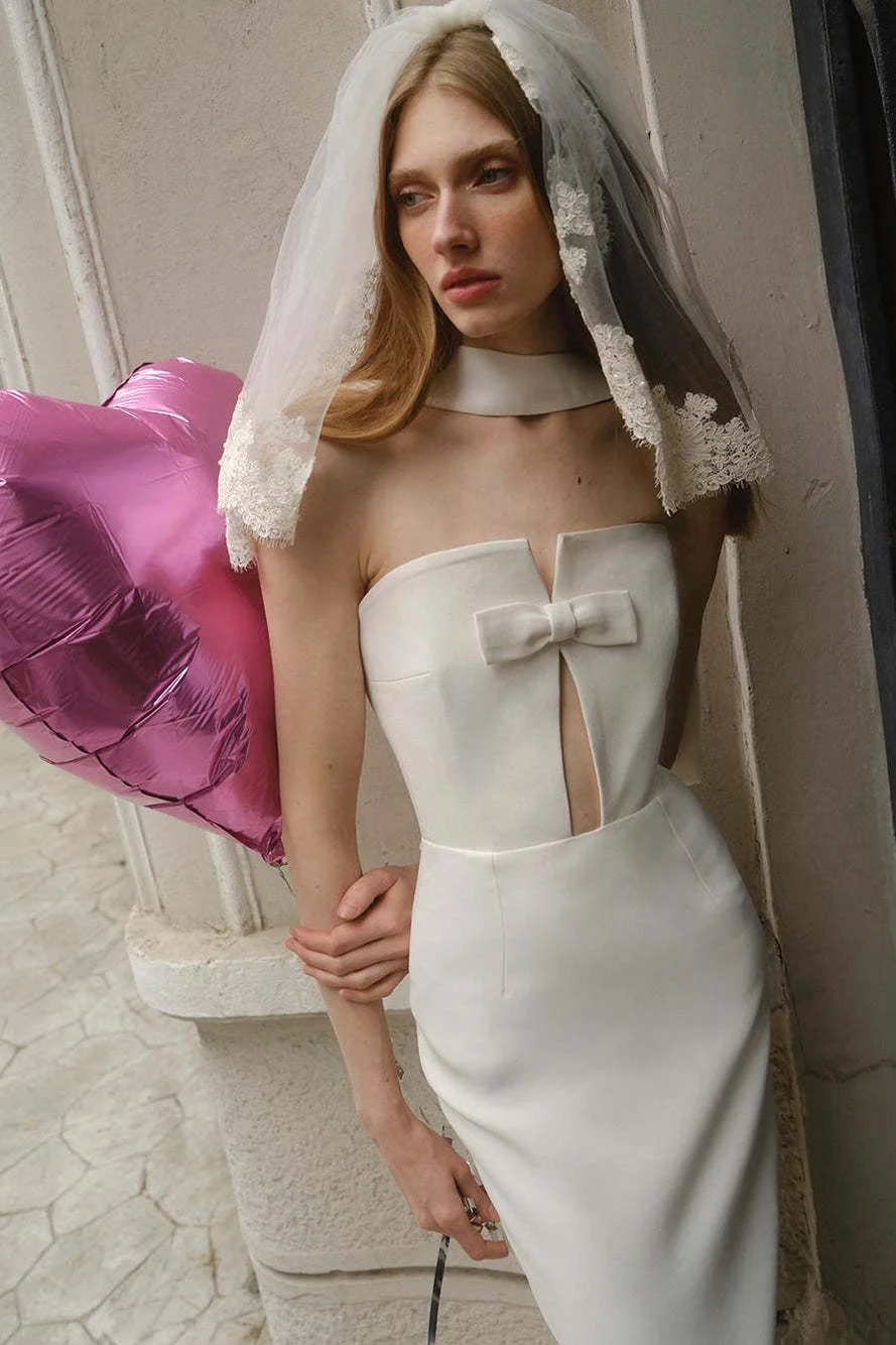 OUDINA New Fashion Black Bow Tie Halter Hollow Out Party Evening Dresses Bandage Dress