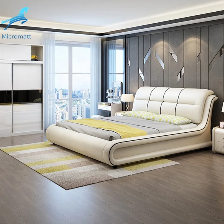 Hot Sale Modern Art Antique Comfortable  Ivory White Color Furniture Bedroom Leather Double Bed
