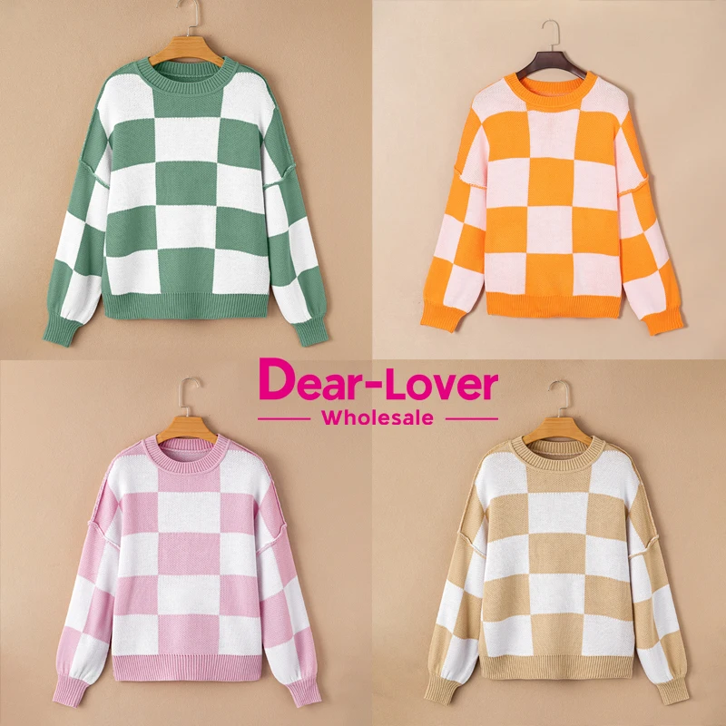 Dear-Lover OEM ODM Custom Wholesale Fashion New Winter Crew Neck Pullover Checkered Knit Women Oversized Sweater
