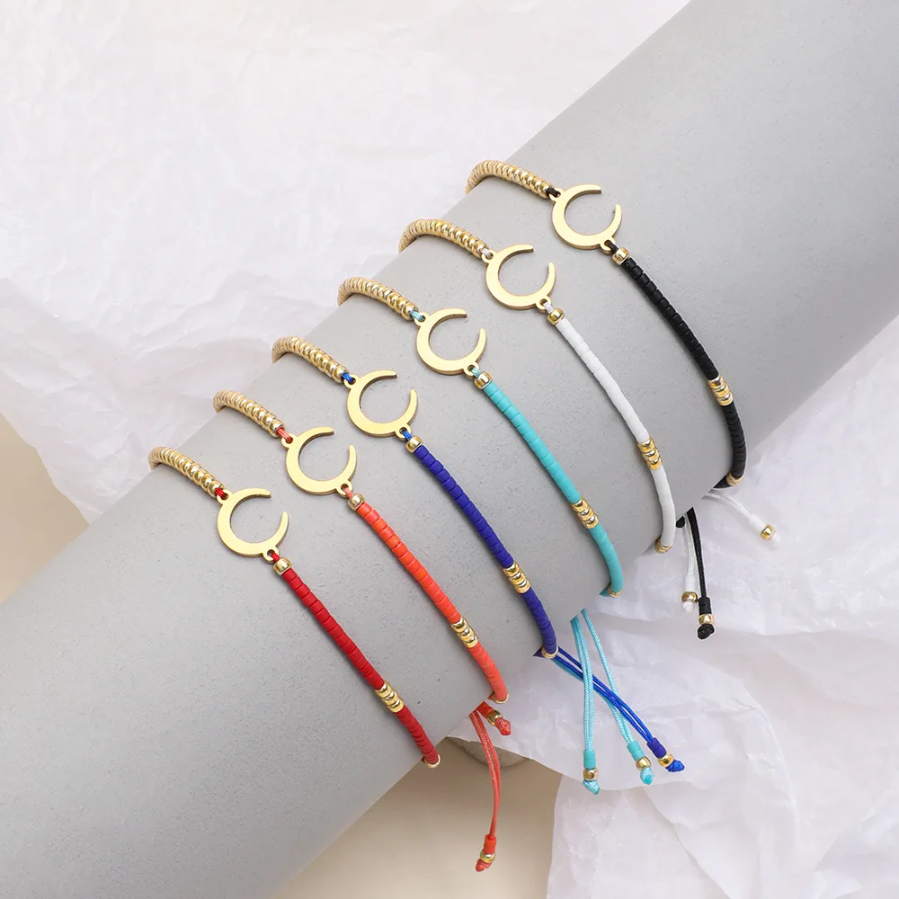 Wholesale Summer Bohemian Stainless Steel Moon Charm Seed Bead Chain Miyuki Stacked Bracelet for Women