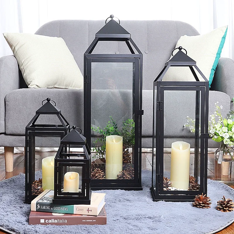 Beeman Black Iron Framed Metal Candle Holder Glass Panels Metal Lantern Candle Lantern For Home Wedding Decoration